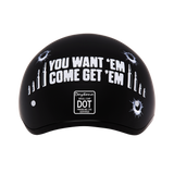 DOT Approved Daytona Motorcycle Half Face Helmet - Skull Cap Graphics for Men & Women, Scooters, ATVs, UTVs & Choppers - W/ Come Get 'Em