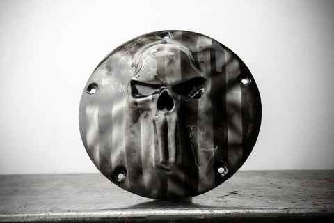 Punisher skull stretching through flag Harley derby cover