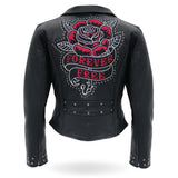 Hot Leathers JKL2001 Ladies Black Braided Motorcycle Leather Biker Jacket with Embroidered Bling Rose Design