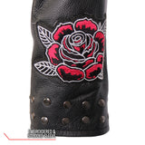 Hot Leathers JKL2001 Ladies Black Braided Motorcycle Leather Biker Jacket with Embroidered Bling Rose Design