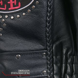 Hot Leathers JKL2001 Ladies Black Braided Motorcycle Leather Biker Jacket with Embroidered Bling Rose Design