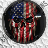 3D Skull with American flag gloss black background Harley Derby Cover