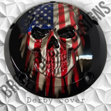 3D Skull with American flag gloss black background Harley Derby Cover