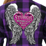 Sturgis Motorcycle Rally 2021 Heart Angel Ladies Purple Flannel Shirt