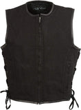 Club Vest CVM3039 Men's Black Denim Motorcycle Rider Vest with Leather Trim and Side Laces