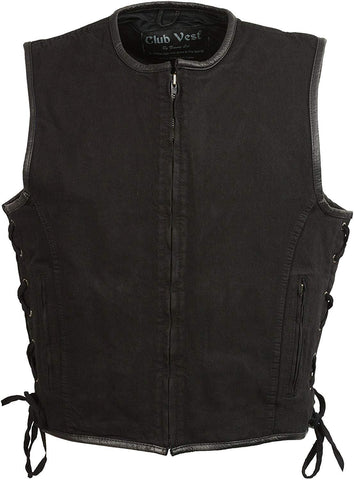 Club Vest CVM3039 Schwarze Jeansweste für Herren, Motorradfahrerweste mit Lederbesatz und seitlichen Schnürsenkeln