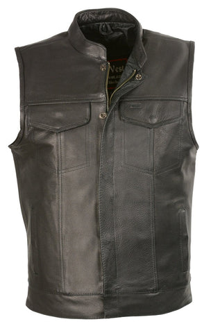 Club Vest CVM3510 Schwarze Lederweste für Herren mit Reißverschluss und nahtlosem Rückendesign