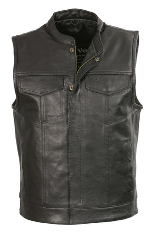 Club Vest CVM3710 Herren-Lederweste mit offenem Kragen, Druckknopf und Reißverschluss vorne, schwarz