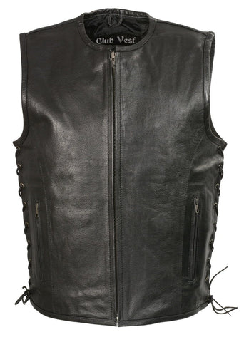 Club Vest CVM3741 Schwarze Lederweste für Herren mit Reißverschluss vorne und seitlicher Spitze und nahtlosem Design