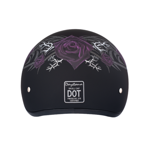 DOT Approved Daytona Motorcycle Half Face Helmet - Skull Cap Graphics for Men & Women, Scooters, ATVs, UTVs & Choppers - W/ Purple Rose