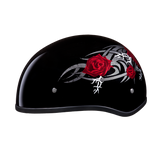 DOT Approved Daytona Motorcycle Half Face Helmet - Skull Cap Graphics for Men & Women, Scooters, ATVs, UTVs & Choppers - W/ Rose