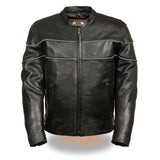 Milwaukee Leather LKM1785 Mens Black Leather Racer Style Motorcycle Jacket w/ Side Stretch and Reflective Piping