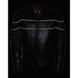 Milwaukee Leather LKM1785 Mens Black Leather Racer Style Motorcycle Jacket w/ Side Stretch and Reflective Piping