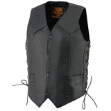 Milwaukee Leather LKM3731 Men's Black Leather Classic Side Lace V-Neck Motorcycle Rider Vest w/ Front Snap Closure