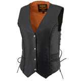 Milwaukee Leather ML1255 Women's Black Braided Premium Leather Side Lace Motorcycle Rider Vest w/ Front Snap Closure