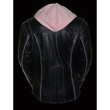 Milwaukee Leather ML2066 Women's 3/4 Black and Pink Leather Hoodie Jacket with Reflective Tribal Design