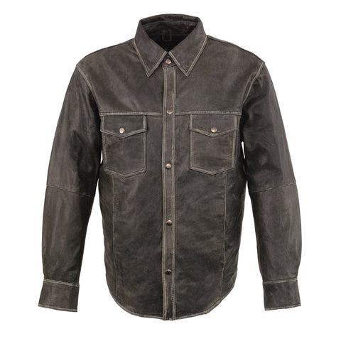 Milwaukee Leather MLM1605 Men's 'Button Down' Distressed Grey Casual Biker Leather Shirt