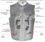 Milwaukee Leather MLM3507 Men's Black Naked Leather Vest - Old Glory Laced Armholes Grey Stitching Club Style Vest