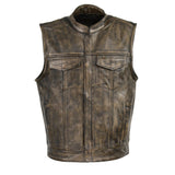 Milwaukee Leather MLM3510 Men's Black/ Beige Naked Leather Club Style Vest - Dual Closure Open Neck Motorcycle Vest