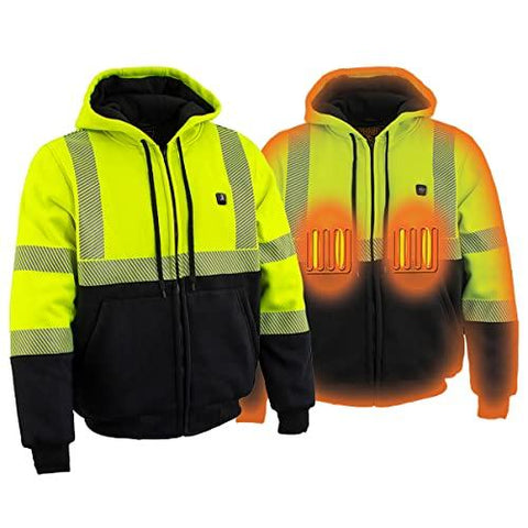 Nexgen Heat NXM1773SET Men's Heated High Visibility Work Hoodie, Neon Green Hi Vis Reflective Hoodie w/ Battery