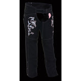 Milwaukee Leather SH1182 Women's Black with Pink Textile Motorcycle Riding Chaps with Tribal Embroidery