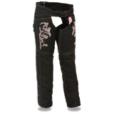 Milwaukee Leather SH1182 Women's Black with Pink Textile Motorcycle Riding Chaps with Tribal Embroidery