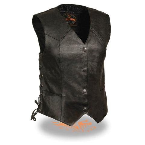 Milwaukee Leather SH1227L Women's Black Leather Side Laces Classic Western Motorcycle Rider Vest W/4-Snaps Closure