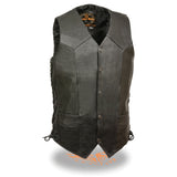 Milwaukee Leather SH1315Tall Men's Black Leather Classic V-Neck Side Lace Motorcycle Rider Vest w/ Snap Closure