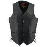 Milwaukee Leather SH1315Tall Men's Black Leather Classic V-Neck Side Lace Motorcycle Rider Vest w/ Snap Closure