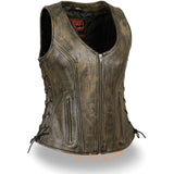 Milwaukee Leather Women's Distress Brown Leather V-Neck Motorcycle Rider Vest with Side Lace MLL4531