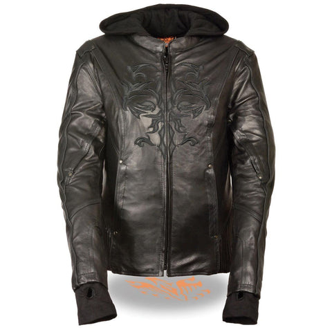 Milwaukee Leather ML2066 Women's 3/4 Black Leather Hoodie Jacket with Reflective Tribal Design