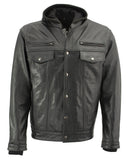 Xelement XS1025 Men’s 'Cross Rake' Black Snap Front Leather Shirt Jacket with Removable Hoodie