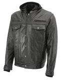 Xelement XS1025 Men’s 'Cross Rake' Black Snap Front Leather Shirt Jacket with Removable Hoodie