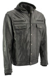 Xelement XS1025 Men’s 'Cross Rake' Black Snap Front Leather Shirt Jacket with Removable Hoodie