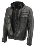 Xelement XS1025 Men’s 'Cross Rake' Black Snap Front Leather Shirt Jacket with Removable Hoodie