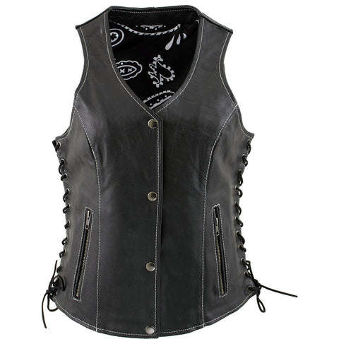 Xelement XS1029 Women's 'Paisley' Black Motorcycle Leather Vest with Side Lace Adjustment