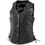 Xelement XS1029 Women's 'Paisley' Black Motorcycle Leather Vest with Side Lace Adjustment