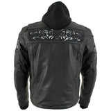 Xelement XS1504 Men's ‘Futile’ Black Leather CE Armored Motorcycle Hooded Jacket with Reflective Skulls