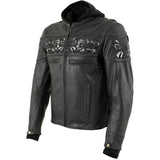 Xelement XS1504 Men's ‘Futile’ Black Leather CE Armored Motorcycle Hooded Jacket with Reflective Skulls