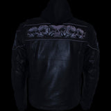 Xelement XS1504 Men's ‘Futile’ Black Leather CE Armored Motorcycle Hooded Jacket with Reflective Skulls