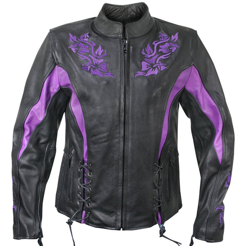 Xelement XS2027 Women's 'Gemma' Biker Black and Purple Leather Embroidered Jacket with X-Armor Protection