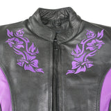 Xelement XS2027 Women's 'Gemma' Biker Black and Purple Leather Embroidered Jacket with X-Armor Protection