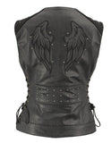 Xelement XS24001 Women's ‘Winged’ Black Studded Motorcycle Rider Leather Vest with Reflective Wings