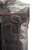 Xelement XS3449 Men's 'Paisley' Black Leather Motorcycle Biker Rider Vest with Red Stitching