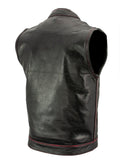 Xelement XS3449 Men's 'Paisley' Black Leather Motorcycle Biker Rider Vest with Red Stitching