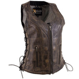 Xelement XS3900 Women's 'Bella' Distressed Brown Leather Motorcycle Biker Rider Vest with Side Laces