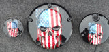 Harley Points, Derby cover and fuel door set with Skull with American flag gloss black background