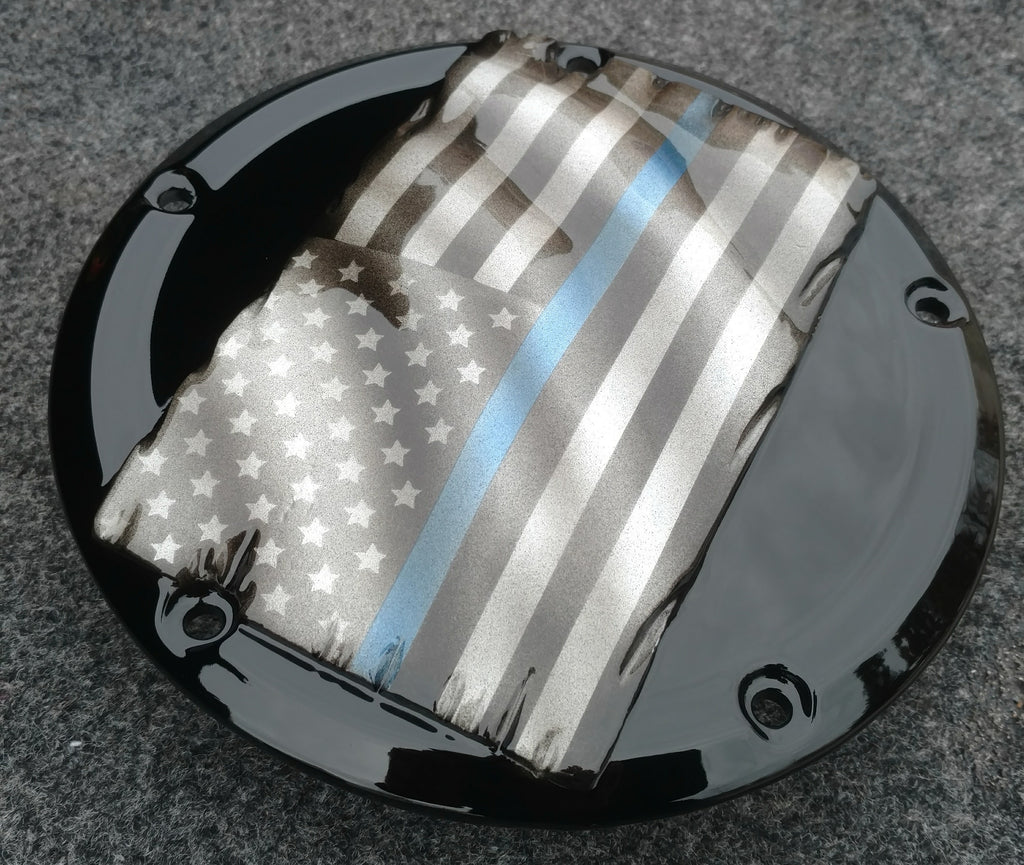Tattered Thin Blue Line derby cover – Brock Black Customs