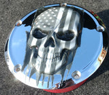 3D skull with tattered American flag Chrome Harley Derby Cover