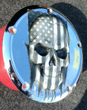 3D skull with tattered American flag Chrome Harley Derby Cover
